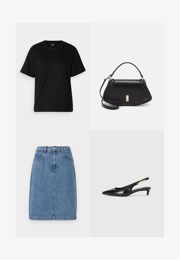 Black cotton t-shirt with a crew neckline, short sleeves, and an embroidered logo on the chest. Simple, relaxed fit with no patterns.; Denim skirt in light blue with a straight cut, featuring five pockets, belt loops, and a front button closure, with visible stitching details.; Black leather slingback heels with a pointed toe, featuring a slim heel and a gold-tone accent on the adjustable strap. Smooth texture.; Black leather handbag with a structured design, featuring a cropped shape, top handle, and gold hardware accent. Adjustable shoulder strap included.