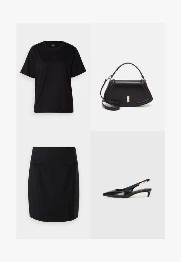 Fekete pamut póló kerek nyakkivágással, rövid ujjakkal és hímzett logóval a mellkasán. Egyszerű, laza szabás, minta nélkül.; Fekete ceruza szoknya sima anyagból, testhez álló fazonban, két elülső zsebbel, térd hosszúságú szegéllyel.; Fekete bőr slingback magassarkúk, hegyes orral, vékony sarkakkal és arany színű részlettel a állítható pánton. Simа felület.; Fekete bőr kézitáska, strukturált dizájnnal, rövidített formával, felső fogantyúval és arany színű kiegészítőkkel. Állítható vállpánt is tartozik hozzá.