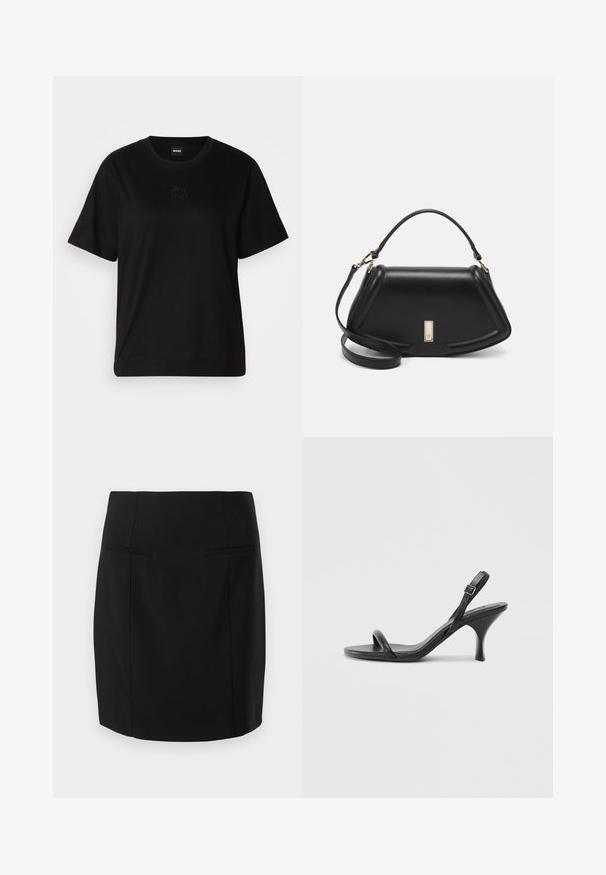 Musta puuvillapaita, jossa on pyöreä kaula-aukko, lyhyet hihat ja brodeerattu logo rinnassa. Yksinkertainen, rento istuvuus ilman kuvioita.; Musta kynähame, joka on valmistettu sileästä kankaasta, soveltuu vartalonmyötäiseen muotoiluun, jossa on kaksi etutaskua ja polvenpituinen helma.; Mustat nahkaiset korkokengät, joissa on hoikka, kaareva korko ja ristiin menevä hihnadesign. Säädettävä nilkkahihna. Silkkinen pinta.; Mustalla nahkalaukulla, jossa on jämäkkä muotoilu, lyhyt malli, yläkahva ja kultaiset yksityiskohdat. Säädettävä olkahihna sisältyy.