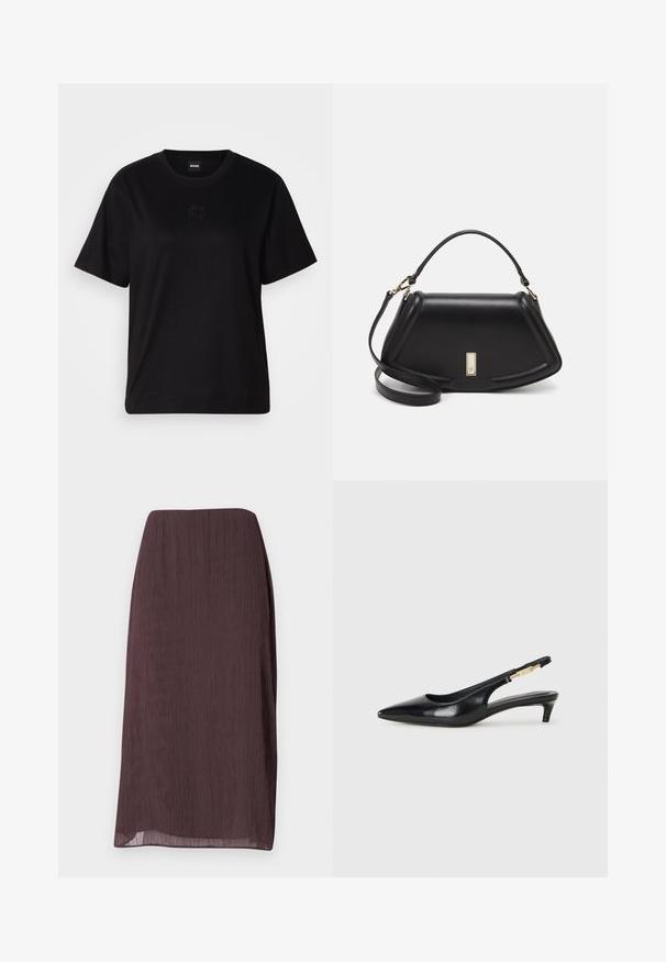 Svart bomull T-skjorte med rund hals, korte ermer og et brodert logo på brystet. Enkel, avslappet passform uten mønstre.; Mørkebrune, knelengde skjørt laget av lett, krøllet stoff. Har en rett fasong med en subtil glans og ingen synlig hardware.; Sorte lærreim hæler med spiss tå, som har en slank hæl og en gullfarget detalj på den justerbare stroppen. Glatt tekstur.; Sort lærveske med en strukturert design, som har en avkortet form, topphåndtak og detaljer i gull. Justerbar skulderstropp inkludert.