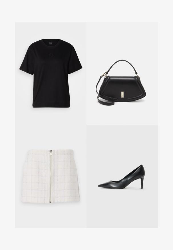 Svart bomull T-skjorte med rund hals, korte ermer og et brodert logo på brystet. Enkel, avslappet passform uten mønstre.; Hvit teksturert miniskjørt med rutemønster og blå detaljer, med en glidelås foran. Stoffet ser mykt og litt strukturert ut.; Svarte lærpumps med spiss tå og slank hæl, jevn tekstur og uten synlige dekorasjoner. Rent design med en minimalistisk estetikk.; Sort lærveske med en strukturert design, som har en avkortet form, topphåndtak og detaljer i gull. Justerbar skulderstropp inkludert.