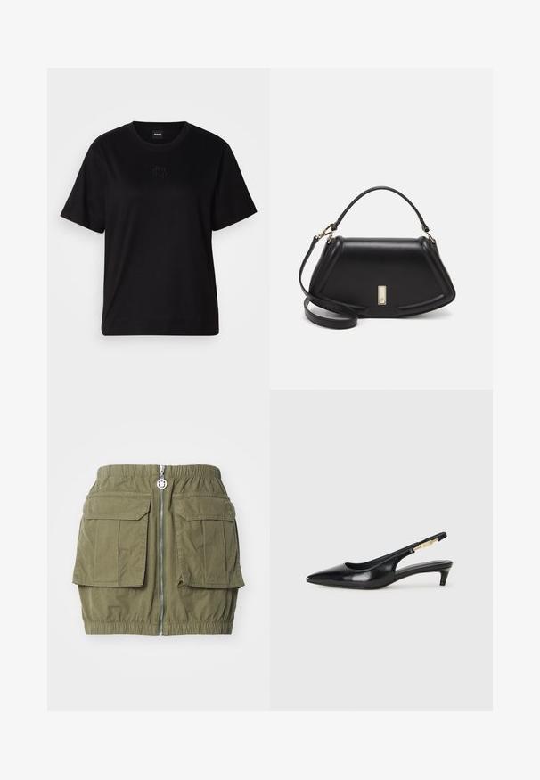 Schwarzes Baumwoll-T-Shirt mit Rundhalsausschnitt, kurzen Ärmeln und aufgesticktem Logo auf der Brust. Einfacher, lässiger Schnitt ohne Muster.; HUGO RAFINI - Minirock - open green; Schwarze Leder-Slingback-Pumps mit spitzem Schuhblatt, ausgestattet mit einem schlanken Absatz und einem goldfarbigen Akzent am verstellbaren Riemen. Glatte Textur.; Schwarze Lederhandtasche mit einem strukturierten Design, das eine verkürzte Form, einen oberen Griff und goldfarbene Hardware-Details aufweist. Verstellbarer Schulterriemen ist enthalten.