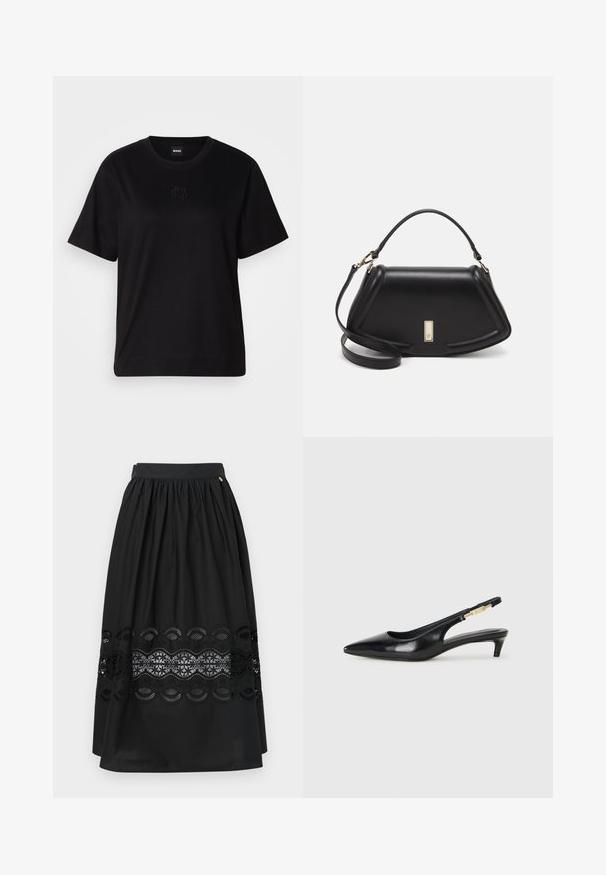 T-shirt negru din bumbac, cu guler rotund, mâneci scurte și un logo brodat pe piept. Design simplu, cu o croială relaxată și fără modele.; Fustă neagră din material neted, cu talie elastică, având un inserție din dantelă cu un model ondulat la tiv.; Sandale slingback din piele neagră cu vârf ascuțit, având un toc subțire și un accent de culoare aurie pe curea ajustabilă. Textură netedă.; Geantă de umăr din piele neagră, cu un design structurat, având o formă tăiată, mânere superioare și accente din aur. Include o curea de umăr ajustabilă.