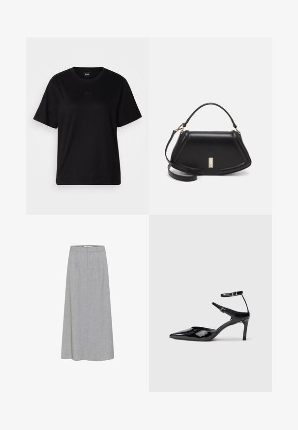 Maglietta in cotone nera con scollatura tonda, maniche corte e logo ricamato sul petto. Design semplice e vestibilità rilassata senza motivi.; Gonna grigia di lunghezza ginocchio con una texture liscia e un sottile motivo mélange. Presenta una parte anteriore piatta con pieghe e una vita sagomata.; Décolleté in pelle eco-patent nera con punta affilata, cinturini alla caviglia regolabili e tacco sottile. Texture liscia con una finitura lucida.; Borsa a mano in pelle nera con un design strutturato, caratterizzata da una forma corta, manico superiore e accessori in metallo dorato. Inclusa tracolla regolabile.