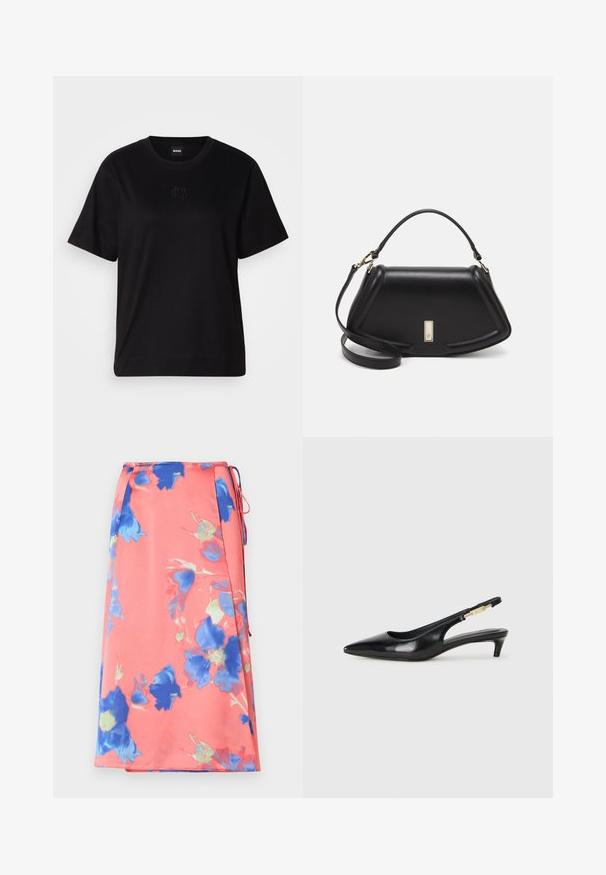 Black cotton t-shirt with a crew neckline, short sleeves, and an embroidered logo on the chest. Simple, relaxed fit with no patterns.; Floral midi skirt in coral with blue and green patterns. Made from lightweight fabric, featuring a tie detail and side slits.; Black leather slingback heels with a pointed toe, featuring a slim heel and a gold-tone accent on the adjustable strap. Smooth texture.; Black leather handbag with a structured design, featuring a cropped shape, top handle, and gold hardware accent. Adjustable shoulder strap included.