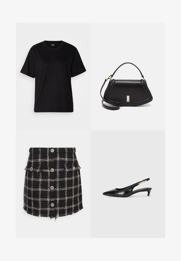 Czarny bawełniany t-shirt z okrągłym dekoltem, krótkimi rękawami i haftowanym logo na piersi. Prosty, luźny krój bez wzorów.; Czarna i różowa spódnica w kratkę z tweedu z postrzępionym dołem, z dwoma przednimi kieszeniami i metalowymi guzikami jako ozdobą.; Czarne skórzane szpilki typu slingback z ostrym noskiem, posiadające smukły obcas i złoty akcent na regulowanym pasku. Gładka tekstura.; Czarna skórzana torebka o strukturalnym designie, z przyciętą formą, górnym uchwytem i złotymi akcentami. W zestawie regulowany pasek na ramię.