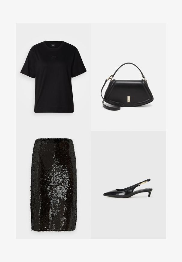 Černé bavlněné tričko s kulatým výstřihem, krátkými rukávy a vyšitým logem na hrudi. Jednoduchý, volný střih bez vzorů.; Černá sukně v pencil střihu s přiléhavým designem. Obsahuje husté, reflexní flitry vytvářející texturovaný povrch. Hladké vnitřní podšívání.; Černé kožené boty na podpatku s otevřenou patou a špičatou špičkou, s tenkým podpatkem a zlatým akcentem na nastavitelném pásku. Hladký povrch.; Černá kožená kabelka se strukturovaným designem, jejíž tvar je zkrácený, má horní rukojeť a zlaté kovové detaily. Součástí je i nastavitelný ramenní popruh.