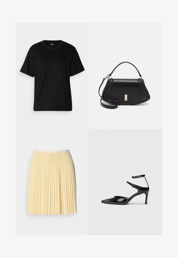 Zwarte katoenen t-shirt met een ronde hals, korte mouwen en een geborduurd logo op de borst. Eenvoudige, comfortabele pasvorm zonder patronen.; Pale gele geplooide rok met een tailleband waarop het Lacoste-logo staat. Gemaakt van lichtgewicht materiaal, heeft het een vloeiende design en een gladde textuur.; Zwarte laarzen van gepatenteerd leer met een spitse neus, verstelbare enkelbandjes en een slanke hak. Gladde textuur met een glanzende afwerking.; Zwarte leren handtas met een gestructureerd ontwerp, featuring een verkorte vorm, bovenhandvat en gouden hardwareaccent. Inclusief verstelbare schouderband.