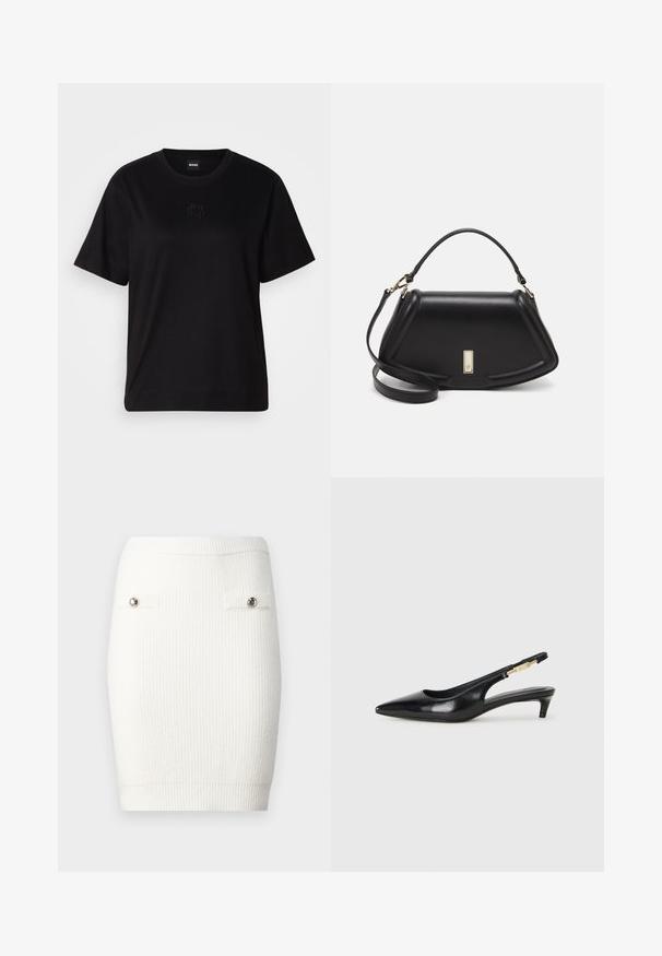 Zwarte katoenen t-shirt met een ronde hals, korte mouwen en een geborduurd logo op de borst. Eenvoudige, comfortabele pasvorm zonder patronen.; Witte geribbelde gebreide minirok met zilveren knoopaccenten op de voorzakken en een aansluitende snit, met een zachte textuur en elastische tailleband.; Zwarte leren slingback hakken met een spitse neus, voorzien van een slanke hak en een goudkleurige accent op de verstelbare band. Gladde textuur.; Zwarte leren handtas met een gestructureerd ontwerp, featuring een verkorte vorm, bovenhandvat en gouden hardwareaccent. Inclusief verstelbare schouderband.
