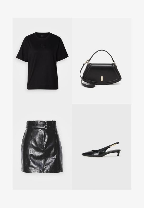 Μαύρο βαμβακερό μπλουζάκι με στρογγυλή λαιμόκοψη, κοντά μανίκια και κεντημένο λογότυπο στο στήθος. Απλή, χαλαρή γραμμή χωρίς σχέδια.; Μαύρη δερμάτινη φούστα με ψηλή μέση, διπλή ζώνη με μεταλλικά εξαρτήματα, λείες υφές και καθορισμένες ραφές μπροστά.; Μαύρες δερμάτινες γόβες slingback με μυτερή μύτη, διαθέτοντας λεπτό τακούνι και χρυσή λεπτομέρεια στην ρυθμιζόμενη λωρίδα. Λείος υφές.; Μαύρη δερμάτινη τσάντα με δομημένο σχέδιο, που διαθέτει κομμένο σχήμα, επάνω λαβή και χρυσά μεταλλικά στοιχεία. Περιλαμβάνει ρυθμιζόμενο λουρί ώμου.