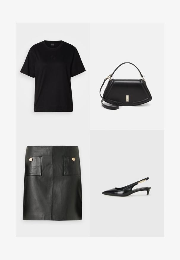 Black cotton t-shirt with a crew neckline, short sleeves, and an embroidered logo on the chest. Simple, relaxed fit with no patterns.; Black leather mini skirt with front patch pockets, each secured by a single round gold button.; Black leather slingback heels with a pointed toe, featuring a slim heel and a gold-tone accent on the adjustable strap. Smooth texture.; Black leather handbag with a structured design, featuring a cropped shape, top handle, and gold hardware accent. Adjustable shoulder strap included.