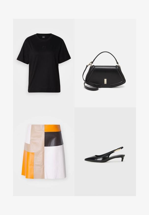 Schwarzes Baumwoll-T-Shirt mit Rundhalsausschnitt, kurzen Ärmeln und aufgesticktem Logo auf der Brust. Einfacher, lässiger Schnitt ohne Muster.; Marc Cain Lederrock - bright pumpkin; Schwarze Leder-Slingback-Pumps mit spitzem Schuhblatt, ausgestattet mit einem schlanken Absatz und einem goldfarbigen Akzent am verstellbaren Riemen. Glatte Textur.; Schwarze Lederhandtasche mit einem strukturierten Design, das eine verkürzte Form, einen oberen Griff und goldfarbene Hardware-Details aufweist. Verstellbarer Schulterriemen ist enthalten.
