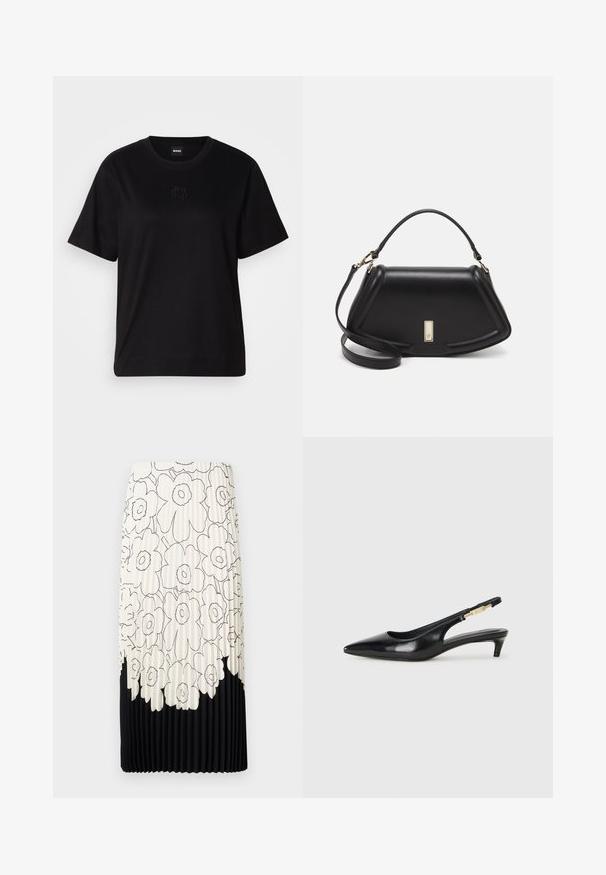 Crna pamučna majica s okruglim izrezom, kratkim rukavima i izvezenim logotipom na prsima. Jednostavan, opušten kroj bez uzorka.; Preg pletena suknja s cvjetnim uzorkom u crnoj i bijeloj boji, koja ima svijetlu gornju polovicu s cvjetovima i čvrsti crni donji rub.; Crne kožne sandale s petom, s izduženim vrhom, imaju usku petu i zlatni akcent na podesivoj traci. Glatka tekstura.; Crna kožna torba s strukturiranim dizajnom, s krojenim oblikom, gornjom drškom i zlatnim detaljima. Uključena je podesiva ramena traka.