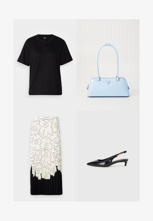 Svart bomull T-skjorte med rund hals, korte ermer og et brodert logo på brystet. Enkel, avslappet passform uten mønstre.; Plissert skjørt med et blomstermønster i svart og hvitt, med en lys toppdel med blomster og en solid svart nederkant.; Sorte lærreim hæler med spiss tå, som har en slank hæl og en gullfarget detalj på den justerbare stroppen. Glatt tekstur.; Lyseblå veske med strukturert form, glatt skinnmateriale, to håndtak og en trekantet merkevarelogo på fronten. Glidelås-lukking.