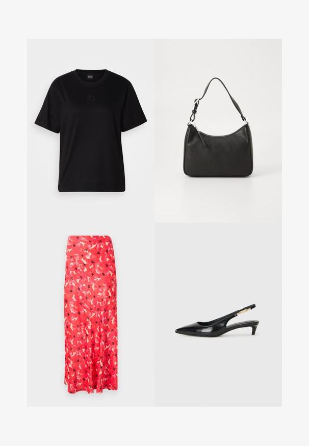 Schwarzes Baumwoll-T-Shirt mit Rundhalsausschnitt, kurzen Ärmeln und aufgesticktem Logo auf der Brust. Einfacher, lässiger Schnitt ohne Muster.; Lange, fließende Rock aus leichtem Stoff, mit einem lebhaften roten Blumenmuster und schwarzen Akzenten sowie einer glatten, weichen Textur.; Schwarze Leder-Slingback-Pumps mit spitzem Schuhblatt, ausgestattet mit einem schlanken Absatz und einem goldfarbigen Akzent am verstellbaren Riemen. Glatte Textur.; Schwarze Lederhandtasche mit geschwungener Form, einem einzigen Tragegurt, Reißverschlussverschluss und dezentem Branding auf der Vorderseite. Glatte Textur, minimalistisches Design.