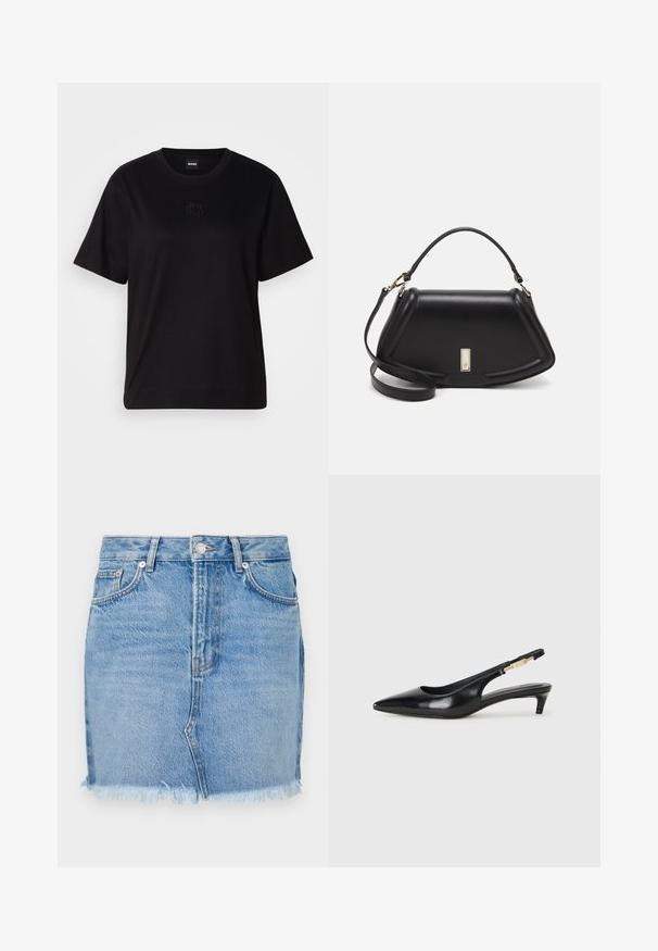 Fekete pamut póló kerek nyakkivágással, rövid ujjakkal és hímzett logóval a mellkasán. Egyszerű, laza szabás, minta nélkül.; Kék farmer szoknya, testhez simuló fazonnal, nyers szegéllyel és klasszikus elülső zsebekkel. Simább textúra enyhe kopással a hétköznapi megjelenésért.; Fekete bőr slingback magassarkúk, hegyes orral, vékony sarkakkal és arany színű részlettel a állítható pánton. Simа felület.; Fekete bőr kézitáska, strukturált dizájnnal, rövidített formával, felső fogantyúval és arany színű kiegészítőkkel. Állítható vállpánt is tartozik hozzá.