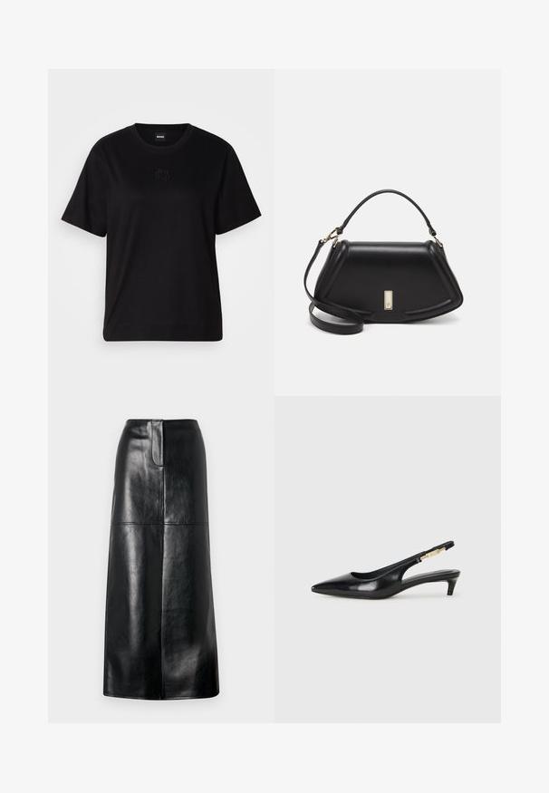Schwarzes Baumwoll-T-Shirt mit Rundhalsausschnitt, kurzen Ärmeln und aufgesticktem Logo auf der Brust. Einfacher, lässiger Schnitt ohne Muster.; Schwarzer Leder-Midi-Rock mit glatter Textur, geradem Schnitt und subtiler Glanz. Verfügt über einen schlichten Bund und keine sichtbaren Metallteile.; Schwarze Leder-Slingback-Pumps mit spitzem Schuhblatt, ausgestattet mit einem schlanken Absatz und einem goldfarbigen Akzent am verstellbaren Riemen. Glatte Textur.; Schwarze Lederhandtasche mit einem strukturierten Design, das eine verkürzte Form, einen oberen Griff und goldfarbene Hardware-Details aufweist. Verstellbarer Schulterriemen ist enthalten.