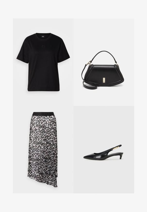 Camiseta de algodón negra con cuello redondo, mangas cortas y un logo bordado en el pecho. Ajuste simple y relajado sin patrones.; Falda midi con pliegues en estampado de leopardo negro y beige, que presenta una cinturilla elástica negra con el logo de DKNY. Tejido ligero y semi-translúcido.; Tacones negros de piel sintética tipo slingback con punta afilada, que cuentan con un tacón delgado y un detalle en tono dorado en la correa ajustable. Textura suave.; Bolso de mano de cuero negro con un diseño estructurado, que presenta una forma recortada, asa superior y acentos en dorado. Correa de hombro ajustable incluida.