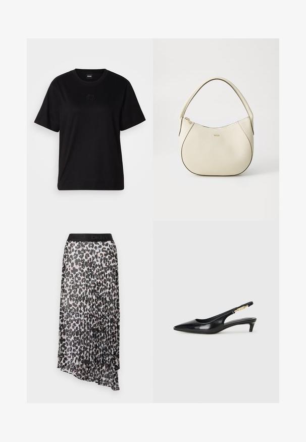 T-shirt de algodão preto com decote redondo, mangas curtas e um logótipo bordado no peito. Corte simples e descontraído, sem padrões.; Saia midi plissada com um padrão de leopardo preto e bege, apresentando uma cintura elástica preta com o logótipo da DKNY. Tecido leve e semi-transparente.; Saltos slingback em couro preto com bico fino, apresentando um salto esguio e um detalhe em tom dourado na alça ajustável. Textura suave.; Saco de mão em tom creme com um acabamento texturizado, forma curva, alça curta e detalhe do logótipo em tom dourado. Fecho com zíper na parte superior.