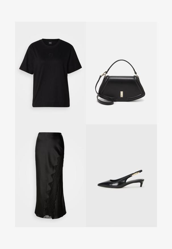 Fekete pamut póló kerek nyakkivágással, rövid ujjakkal és hímzett logóval a mellkasán. Egyszerű, laza szabás, minta nélkül.; Fekete szatén szoknya, texturált felülettel, csipke díszítéssel az egyik oldalon és egyenes sziluettal. Diszkrét oldalsó hasítékkal és záródással rendelkezik.; Fekete bőr slingback magassarkúk, hegyes orral, vékony sarkakkal és arany színű részlettel a állítható pánton. Simа felület.; Fekete bőr kézitáska, strukturált dizájnnal, rövidített formával, felső fogantyúval és arany színű kiegészítőkkel. Állítható vállpánt is tartozik hozzá.
