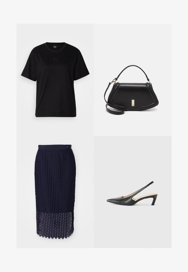 Černé bavlněné tričko s kulatým výstřihem, krátkými rukávy a vyšitým logem na hrudi. Jednoduchý, volný střih bez vzorů.; Námořnická modrá pletená tužková sukně s texturovaným vzorem, žebrovaným pasem a lemem s detaily trojúhelníkových výřezů.; Černý špičatý slingback s nízkým podpatkem, vyrobený z hladké kůže, s výřezem na boku pro lepší prodyšnost.; Černá kožená kabelka se strukturovaným designem, jejíž tvar je zkrácený, má horní rukojeť a zlaté kovové detaily. Součástí je i nastavitelný ramenní popruh.