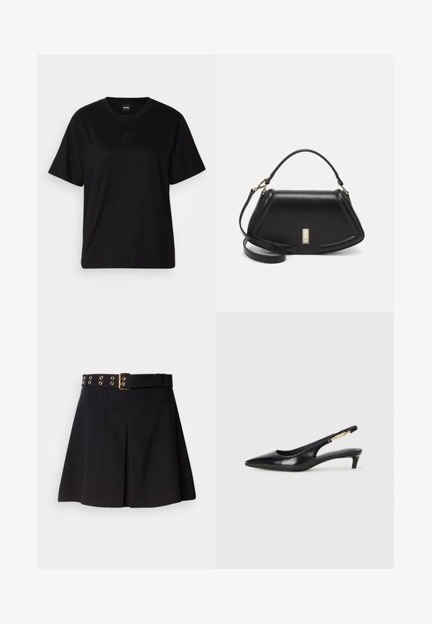 Μαύρο βαμβακερό μπλουζάκι με στρογγυλή λαιμόκοψη, κοντά μανίκια και κεντημένο λογότυπο στο στήθος. Απλή, χαλαρή γραμμή χωρίς σχέδια.; Μαύρη πλισέ φούστα με φαρδύ ζωνάκι που διαθέτει χρυσές μεταλλικές λεπτομέρειες και οπές, κατασκευασμένη από λείο ύφασμα, σχεδιασμένη για κομψή εφαρμογή.; Μαύρες δερμάτινες γόβες slingback με μυτερή μύτη, διαθέτοντας λεπτό τακούνι και χρυσή λεπτομέρεια στην ρυθμιζόμενη λωρίδα. Λείος υφές.; Μαύρη δερμάτινη τσάντα με δομημένο σχέδιο, που διαθέτει κομμένο σχήμα, επάνω λαβή και χρυσά μεταλλικά στοιχεία. Περιλαμβάνει ρυθμιζόμενο λουρί ώμου.