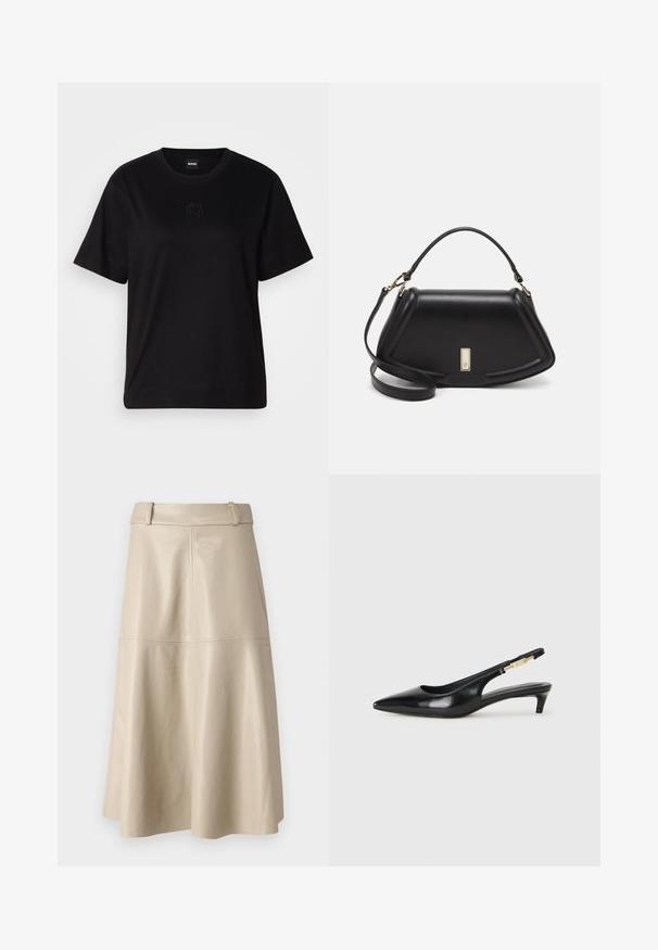 Black cotton t-shirt with a crew neckline, short sleeves, and an embroidered logo on the chest. Simple, relaxed fit with no patterns.; Beige leather midi skirt with a smooth texture, wide waistband, and flared hem; features stitched seams for added detail.; Black leather slingback heels with a pointed toe, featuring a slim heel and a gold-tone accent on the adjustable strap. Smooth texture.; Black leather handbag with a structured design, featuring a cropped shape, top handle, and gold hardware accent. Adjustable shoulder strap included.