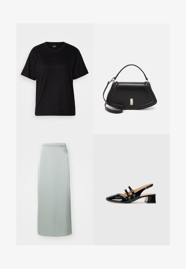 Black cotton t-shirt with a crew neckline, short sleeves, and an embroidered logo on the chest. Simple, relaxed fit with no patterns.; Long, light green skirt made of smooth fabric. Features a straight cut with a concealed zipper at the waist. Minimalist design, no patterns or accents.; Black patent leather slingback shoe with pointed toe, two strap detail, gold circular accents, and a low block heel.; Black leather handbag with a structured design, featuring a cropped shape, top handle, and gold hardware accent. Adjustable shoulder strap included.