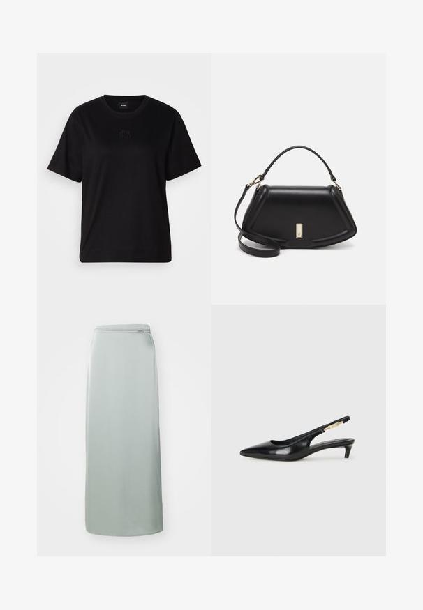 Svart bomull T-skjorte med rund hals, korte ermer og et brodert logo på brystet. Enkel, avslappet passform uten mønstre.; Lang, lys grønnbukse laget av glatt stoff. Har en rett snitt med en skjult glidelås i midjen. Minimalistisk design, uten mønstre eller detaljer.; Sorte lærreim hæler med spiss tå, som har en slank hæl og en gullfarget detalj på den justerbare stroppen. Glatt tekstur.; Sort lærveske med en strukturert design, som har en avkortet form, topphåndtak og detaljer i gull. Justerbar skulderstropp inkludert.