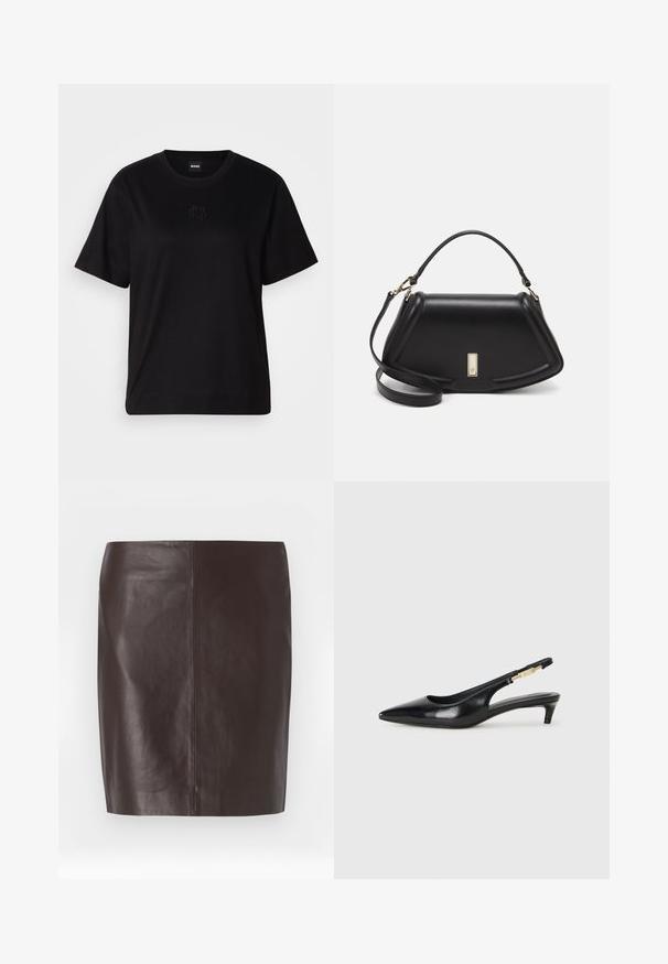 T-shirt en coton noir avec un col rond, des manches courtes et un logo brodé sur la poitrine. Coupe simple et décontractée sans motifs.; Jupe en cuir brun avec une coupe droite, texture lisse et couture minimale. Présente un design mi-long sans embellissements.; Talons hauts en cuir noir avec un bout pointu, dotés d'un talon fin et d'un accent en ton or sur la lanière réglable. Texture lisse.; Sac à main en cuir noir avec un design structuré, featuring une forme cropped, une poignée supérieure et des accents en matériel doré. Bandoulière réglable incluse.
