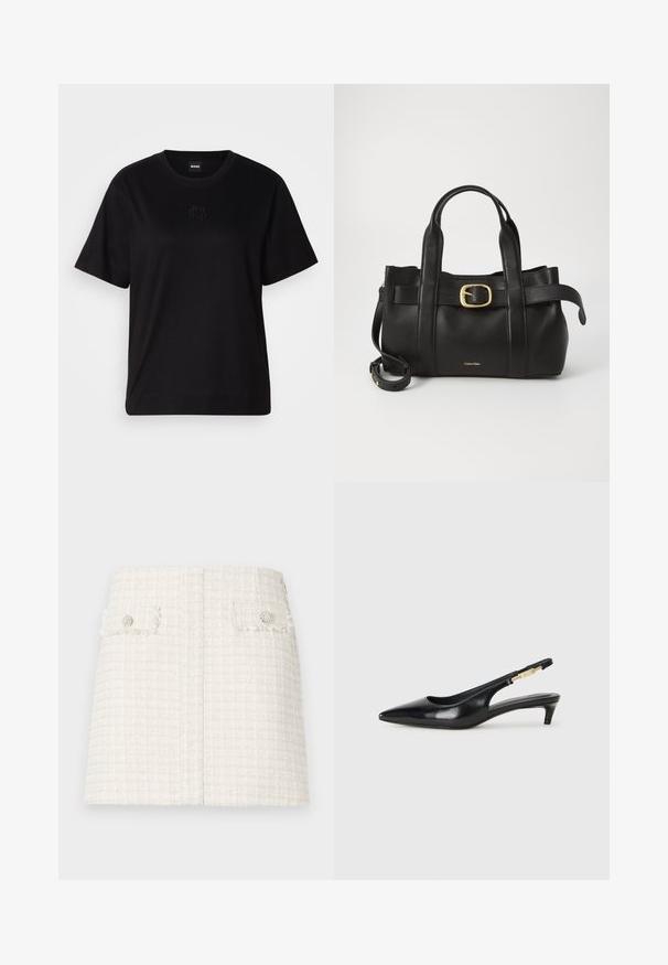 T-shirt negru din bumbac, cu guler rotund, mâneci scurte și un logo brodat pe piept. Design simplu, cu o croială relaxată și fără modele.; Fustă mini albă din tweed, cu un model texturat în carouri. Are două buzunare frontale cu clapetă și butoane decorative. Design cu tiv drept.; Sandale slingback din piele neagră cu vârf ascuțit, având un toc subțire și un accent de culoare aurie pe curea ajustabilă. Textură netedă.; Geantă de mână din piele neagră, cu un design structurat, mânere superioare duale, accent cu cataramă aurie și logo-ul brandului embosat în față.