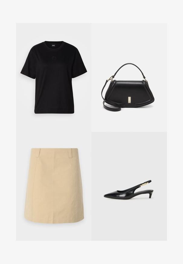 T-shirt en coton noir avec un col rond, des manches courtes et un logo brodé sur la poitrine. Coupe simple et décontractée sans motifs.; Jupe en coton beige avec une coupe droite, dotée de plis sur le devant, de poches latérales et de détails cousus le long des coutures.; Talons hauts en cuir noir avec un bout pointu, dotés d'un talon fin et d'un accent en ton or sur la lanière réglable. Texture lisse.; Sac à main en cuir noir avec un design structuré, featuring une forme cropped, une poignée supérieure et des accents en matériel doré. Bandoulière réglable incluse.