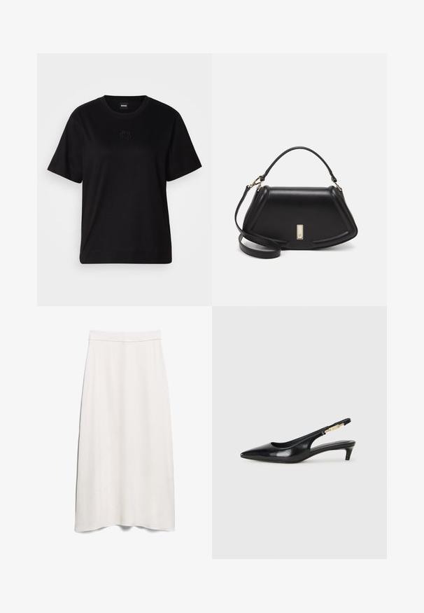 Black cotton t-shirt with a crew neckline, short sleeves, and an embroidered logo on the chest. Simple, relaxed fit with no patterns.; White A-line skirt made from smooth fabric, featuring a high waistband and floor-length design with a subtle drape.; Black leather slingback heels with a pointed toe, featuring a slim heel and a gold-tone accent on the adjustable strap. Smooth texture.; Black leather handbag with a structured design, featuring a cropped shape, top handle, and gold hardware accent. Adjustable shoulder strap included.