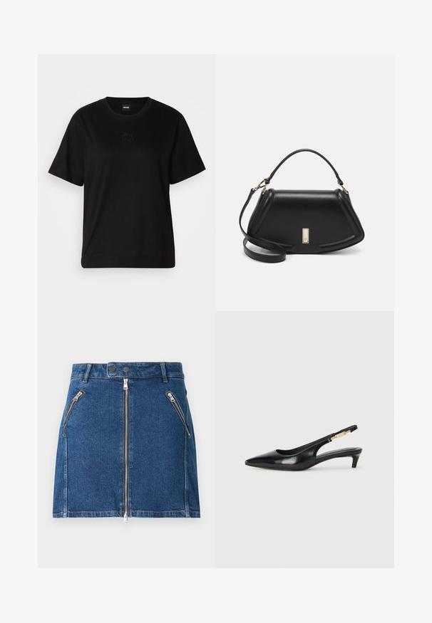 Svart bomullströja med rund halsringning, korta ärmar och en broderad logotyp på bröstet. Enkel, avslappnad passform utan mönster.; Denimkjol i mörkblått med två framfickor med dragkedja och en central dragkedjestängning. Har en rak skärning och minimala sömdetaljer.; Svart läder slingback-hälar med spetsig tå, med en smal klack och en guldtonad detalj på den justerbara remmen. Slät textur.; Svart läderhandväska med en strukturerad design, som har en avskuren form, ett handtag upptill och guldiga detaljer. Justerbar axelrem ingår.