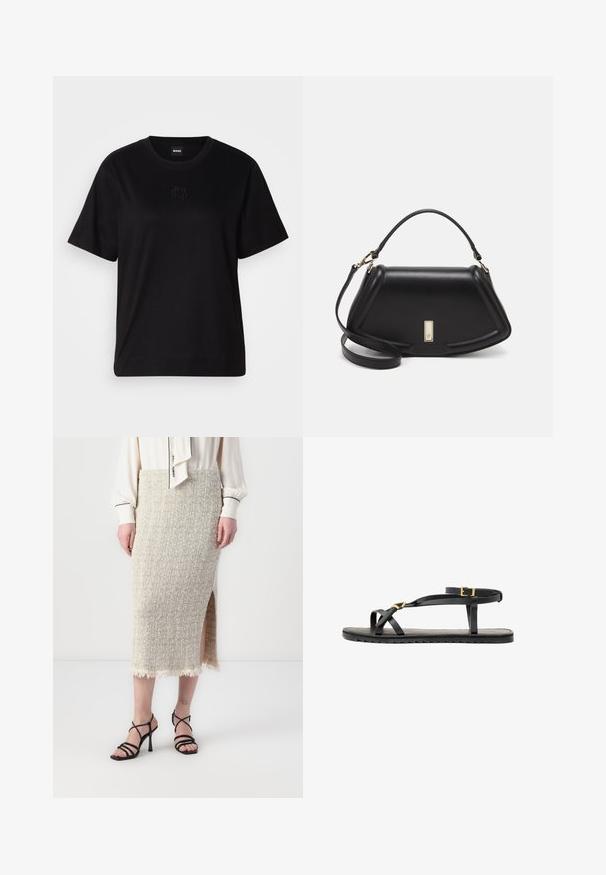 Schwarzes Baumwoll-T-Shirt mit Rundhalsausschnitt, kurzen Ärmeln und aufgesticktem Logo auf der Brust. Einfacher, lässiger Schnitt ohne Muster.; Beige strukturierter Strickrock mit einem Seitenschlitz und fransigem Saum. Kombiniert mit schwarzen, geflochtenen High-Heel-Sandalen. Getragen unter einer weißen Bluse.; Schwarze Ledersandalen mit dünnen Riemen und einem geschnallten Knöchelriemen. Flache Sohle mit texturiertem Finish und Zickzackkante. Minimalistisches Design.; Schwarze Lederhandtasche mit einem strukturierten Design, das eine verkürzte Form, einen oberen Griff und goldfarbene Hardware-Details aufweist. Verstellbarer Schulterriemen ist enthalten.