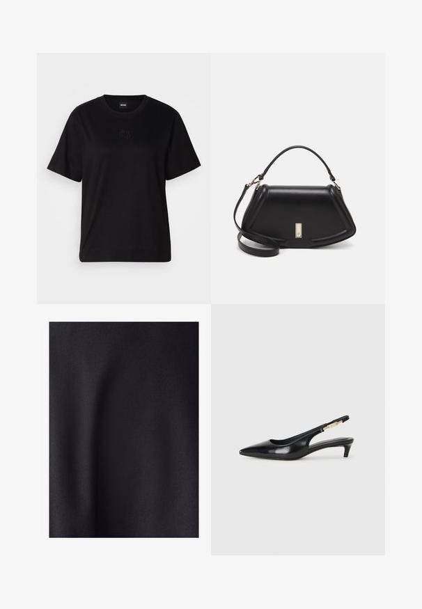 Schwarzes Baumwoll-T-Shirt mit Rundhalsausschnitt, kurzen Ärmeln und aufgesticktem Logo auf der Brust. Einfacher, lässiger Schnitt ohne Muster.; Schwarzer Stoff mit einer glatten, matten Textur. Die Oberfläche hat einen leichten Glanz, der die feine Webart zur Geltung bringt, ohne sichtbare Muster oder Akzente.; Schwarze Leder-Slingback-Pumps mit spitzem Schuhblatt, ausgestattet mit einem schlanken Absatz und einem goldfarbigen Akzent am verstellbaren Riemen. Glatte Textur.; Schwarze Lederhandtasche mit einem strukturierten Design, das eine verkürzte Form, einen oberen Griff und goldfarbene Hardware-Details aufweist. Verstellbarer Schulterriemen ist enthalten.
