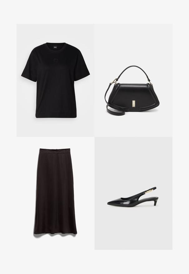 Zwarte katoenen t-shirt met een ronde hals, korte mouwen en een geborduurd logo op de borst. Eenvoudige, comfortabele pasvorm zonder patronen.; Zwarte satijnen midi-jurk met een soepel textuur, een rechte snit en een tailleband. Geen zichtbare patronen of hardwaredetails.; Zwarte leren slingback hakken met een spitse neus, voorzien van een slanke hak en een goudkleurige accent op de verstelbare band. Gladde textuur.; Zwarte leren handtas met een gestructureerd ontwerp, featuring een verkorte vorm, bovenhandvat en gouden hardwareaccent. Inclusief verstelbare schouderband.