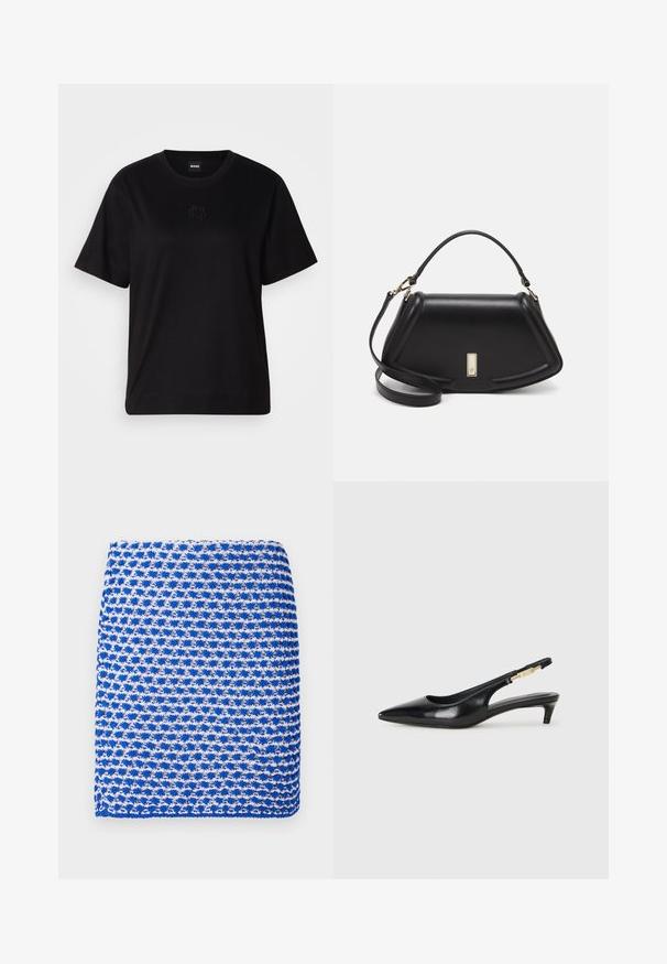 Maglietta in cotone nera con scollatura tonda, maniche corte e logo ricamato sul petto. Design semplice e vestibilità rilassata senza motivi.; Sciarpa lavorata a maglia blu e bianca con un motivo, caratterizzata da una trama testurizzata e forma rettangolare, realizzata in un tessuto leggero.; Tacchi slingback in pelle nera con punta affusolata, caratterizzati da un tacco alto e un accento dorato sulla cinghia regolabile. Texture liscia.; Borsa a mano in pelle nera con un design strutturato, caratterizzata da una forma corta, manico superiore e accessori in metallo dorato. Inclusa tracolla regolabile.