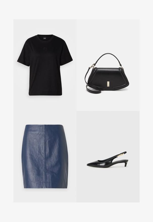 Fekete pamut póló kerek nyakkivágással, rövid ujjakkal és hímzett logóval a mellkasán. Egyszerű, laza szabás, minta nélkül.; Sötétkék bőr mini szoknya sima textúrával, testhezálló fazonnal és egy középső varrással, amely függőlegesen fut végig a hátsó részen.; Fekete bőr slingback magassarkúk, hegyes orral, vékony sarkakkal és arany színű részlettel a állítható pánton. Simа felület.; Fekete bőr kézitáska, strukturált dizájnnal, rövidített formával, felső fogantyúval és arany színű kiegészítőkkel. Állítható vállpánt is tartozik hozzá.