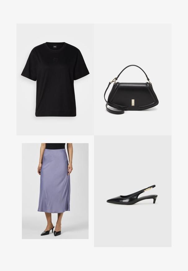 Black cotton t-shirt with a crew neckline, short sleeves, and an embroidered logo on the chest. Simple, relaxed fit with no patterns.; Satin midi skirt in soft lavender, smooth texture, side slit, worn with black heeled mules. Tops a fitted black shirt.; Black leather slingback heels with a pointed toe, featuring a slim heel and a gold-tone accent on the adjustable strap. Smooth texture.; Black leather handbag with a structured design, featuring a cropped shape, top handle, and gold hardware accent. Adjustable shoulder strap included.