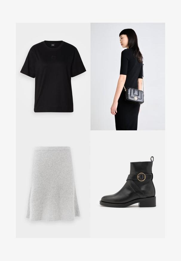 T-shirt en coton noir avec un col rond, des manches courtes et un logo brodé sur la poitrine. Coupe simple et décontractée sans motifs.; Jupe en tricot gris avec un design évasé, texture douce et taille confortable. Le tissu semble chaud et adapté à un usage décontracté.; BOSS IRYNA BOOTIE - Bottines à plateau - black; Sac en cuir noir à bandoulière avec fermoir en or, design matelassé et chaîne en sangle. Forme rectangulaire compacte, accents matériels minimalistes.