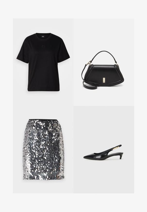 T-shirt negru din bumbac, cu guler rotund, mâneci scurte și un logo brodat pe piept. Design simplu, cu o croială relaxată și fără modele.; Fustă mini din paiete argintii, cu un tiv negru ajustat. Prezintă o textură lucioasă și reflectantă, precum și un model cu margini ondulate.; Sandale slingback din piele neagră cu vârf ascuțit, având un toc subțire și un accent de culoare aurie pe curea ajustabilă. Textură netedă.; Geantă de umăr din piele neagră, cu un design structurat, având o formă tăiată, mânere superioare și accente din aur. Include o curea de umăr ajustabilă.