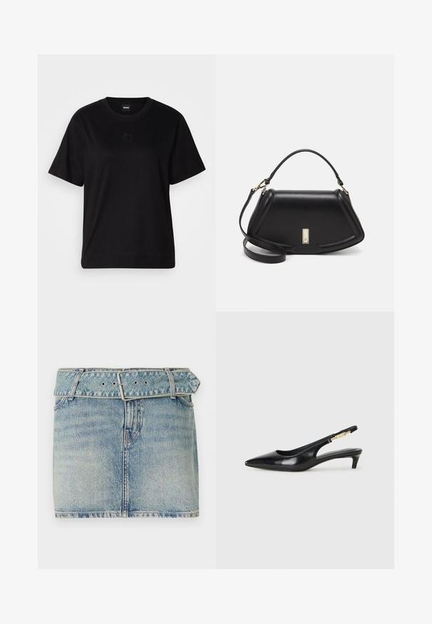 Črna bombažna majica s krožnim izrezom, kratkimi rokavi in izvezenim logotipom na prsih. Preprosta, sproščena silhueta brez vzorcev.; Denim mini krilo z svetlo modrim pranjem, z pasom na pasu in kovinsko sponko, petimi žepi in subtilnim bledenjem za teksturo.; Črne usnjene sandale na peto z ostro konico, ki imajo tanko peto in zlat ton na nastavljivem traku. Gladka tekstura.; Črna usnjena torbica s strukturnim dizajnom, ki ima skrajšano obliko, zgornji ročaj in zlate dodatke. Vključena je nastavljiva ramenska naramnica.
