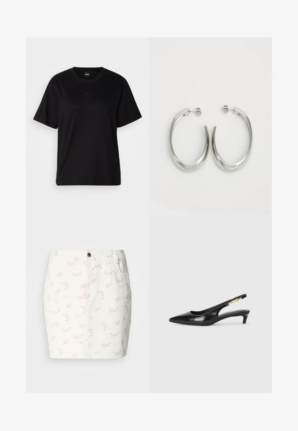 Svart bomull T-skjorte med rund hals, korte ermer og et brodert logo på brystet. Enkel, avslappet passform uten mønstre.; Hvit denimskjørt med blomsterdesign i rosa og grønt, med en frontknapplukking og sidelommer. Kort lengde.; Sorte lærreim hæler med spiss tå, som har en slank hæl og en gullfarget detalj på den justerbare stroppen. Glatt tekstur.; Sølvøreringer med en jevn, buet design. Har en blank metallisk finish og en studlås. Ingen synlige mønstre eller aksenter.