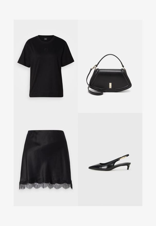 Svart bomull T-skjorte med rund hals, korte ermer og et brodert logo på brystet. Enkel, avslappet passform uten mønstre.; FROM FUTURE SAMMY - Blyantskjørt - noir; Sorte lærreim hæler med spiss tå, som har en slank hæl og en gullfarget detalj på den justerbare stroppen. Glatt tekstur.; Sort lærveske med en strukturert design, som har en avkortet form, topphåndtak og detaljer i gull. Justerbar skulderstropp inkludert.