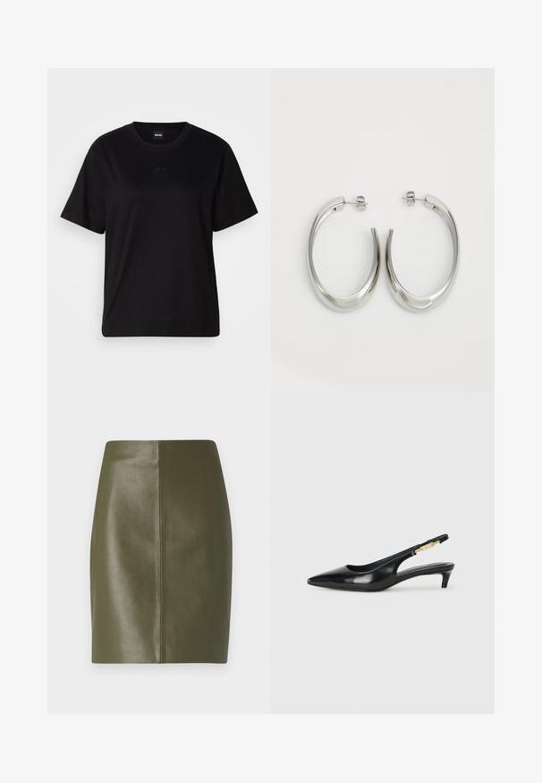 Čierne bavlnené tričko s okrúhlym výstrihom, krátkymi rukávmi a vyšívaným logom na hrudi. Jednoduchý, voľný strih bez vzorov.; Olivovo zelená kožená mini sukňa s hladkou textúrou, ktorá sa vyznačuje jednoduchým dizajnom a stredovým švom prechádzajúcim pozdĺž zadnej strany.; Čierne kožené slingback opätky s špicatou špičkou, s úzkym opätkom a zlatým detailom na nastaviteľnom remienku. Hladká textúra.; Strieborné kruhové náušnice s hladkým, zakriveným dizajnom. Majú lesklý kovový povrch a zapínanie na kolík. Žiadne viditeľné vzory ani akcenty.