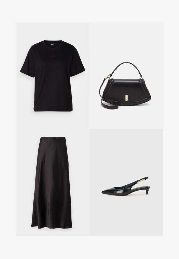 T-shirt negru din bumbac, cu guler rotund, mâneci scurte și un logo brodat pe piept. Design simplu, cu o croială relaxată și fără modele.; Fustă maxi din satin negru cu talie elastică, textură netedă și un design fluid care ajunge până la podea, fără ornamente suplimentare.; Sandale slingback din piele neagră cu vârf ascuțit, având un toc subțire și un accent de culoare aurie pe curea ajustabilă. Textură netedă.; Geantă de umăr din piele neagră, cu un design structurat, având o formă tăiată, mânere superioare și accente din aur. Include o curea de umăr ajustabilă.