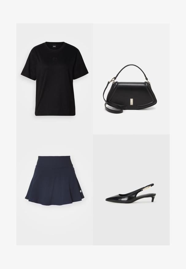 Črna bombažna majica s krožnim izrezom, kratkimi rokavi in izvezenim logotipom na prsih. Preprosta, sproščena silhueta brez vzorcev.; Mornarsko modra razširjena krila z oprijetim pasom, izdelana iz mehkega materiala, z majhnim logotipom na spodnjem desnem kotu, gladka tekstura.; Črne usnjene sandale na peto z ostro konico, ki imajo tanko peto in zlat ton na nastavljivem traku. Gladka tekstura.; Črna usnjena torbica s strukturnim dizajnom, ki ima skrajšano obliko, zgornji ročaj in zlate dodatke. Vključena je nastavljiva ramenska naramnica.