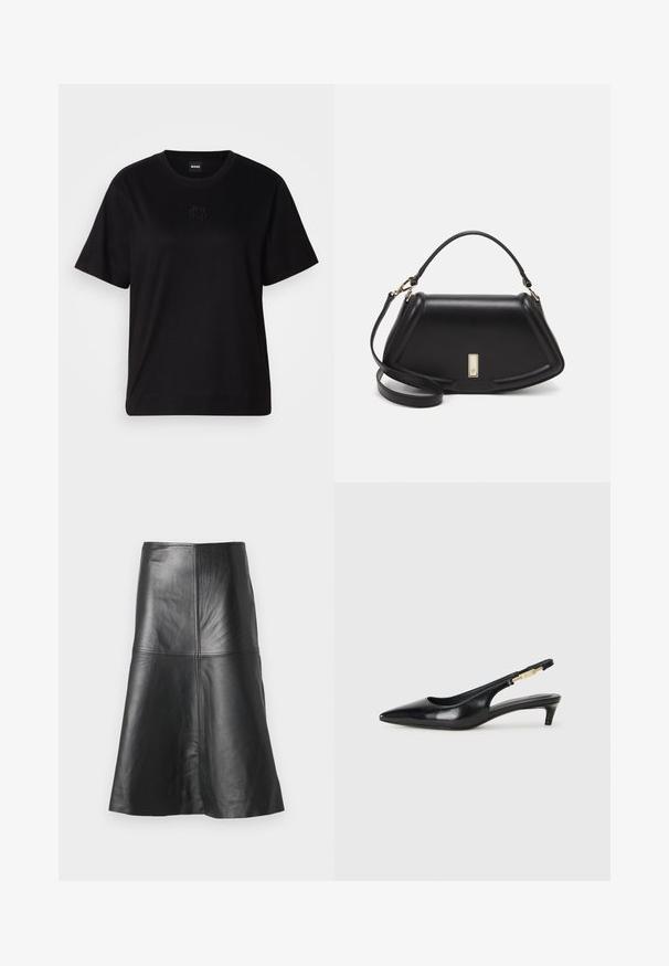 Schwarzes Baumwoll-T-Shirt mit Rundhalsausschnitt, kurzen Ärmeln und aufgesticktem Logo auf der Brust. Einfacher, lässiger Schnitt ohne Muster.; Schwarzer Leder-A-Linie-Rock mit Nähten und glatter Textur, der sich zur Saumkante verjüngt. Schlichtes Design ohne zusätzliche Verzierungen.; Schwarze Leder-Slingback-Pumps mit spitzem Schuhblatt, ausgestattet mit einem schlanken Absatz und einem goldfarbigen Akzent am verstellbaren Riemen. Glatte Textur.; Schwarze Lederhandtasche mit einem strukturierten Design, das eine verkürzte Form, einen oberen Griff und goldfarbene Hardware-Details aufweist. Verstellbarer Schulterriemen ist enthalten.