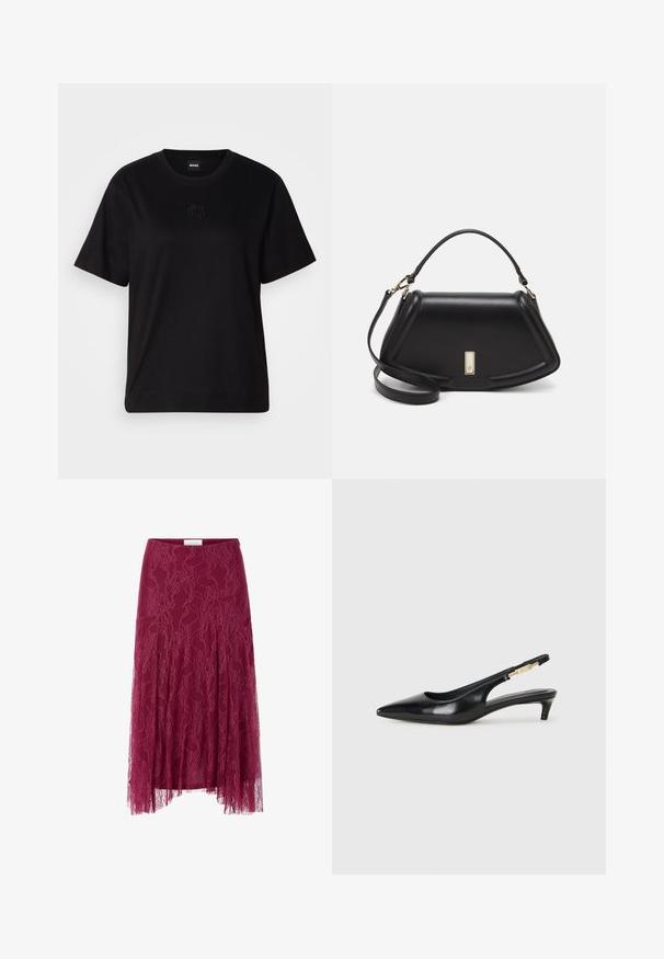 Svart bomullströja med rund halsringning, korta ärmar och en broderad logotyp på bröstet. Enkel, avslappnad passform utan mönster.; Burgunderfärgad spetskjol med blommönster, genomskinligt tygöverdrag och plisserad design. Har en åtsittande midja och en flödande silhuett.; Svart läder slingback-hälar med spetsig tå, med en smal klack och en guldtonad detalj på den justerbara remmen. Slät textur.; Svart läderhandväska med en strukturerad design, som har en avskuren form, ett handtag upptill och guldiga detaljer. Justerbar axelrem ingår.